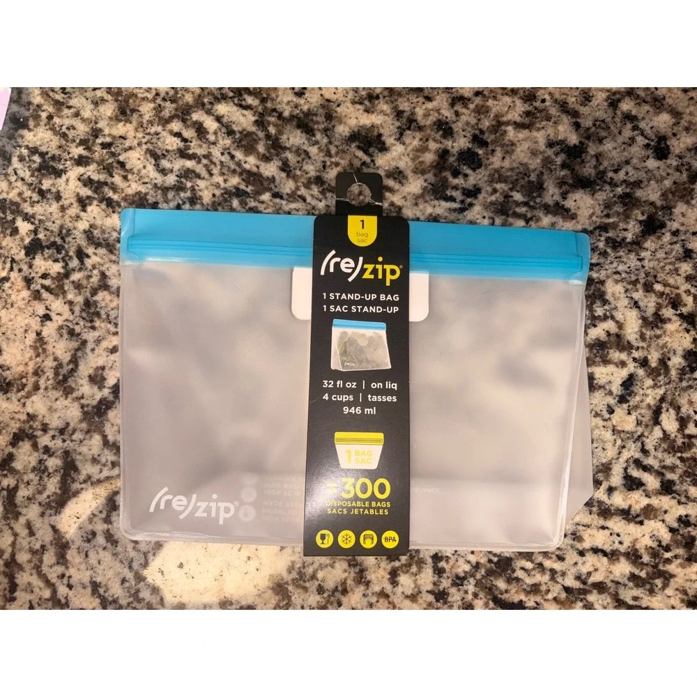 (re)zip Reusable Stand-Up Storage‎ Bag 32oz 4 Cup Blue Seal Leakproof BPA Free